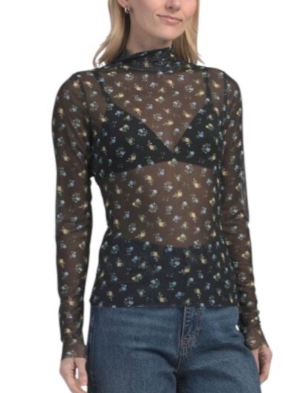 AFRM Zadie Mesh Mock Neck Top Sheer Ditsy Floral Long-Sleeve Top coquette goth